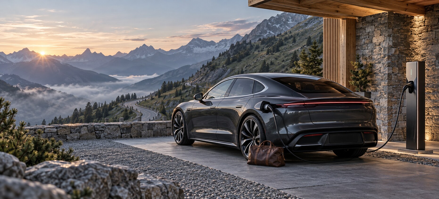Nebrandiran grafitno siv električni gran turismo ob polnilnici v alpskem hotelu pred jutranjo vožnjo