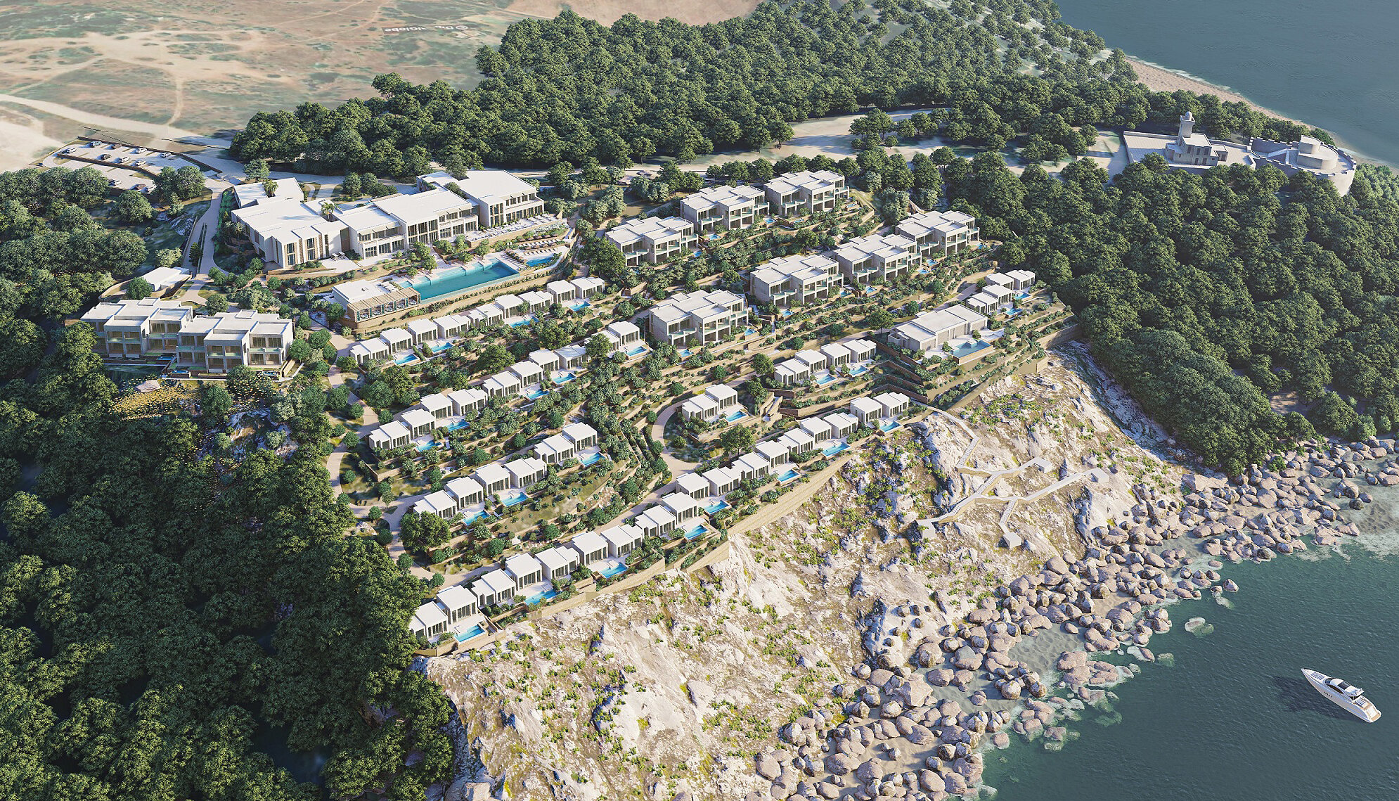 Arhitekturna vizualizacija letovišča Four Seasons na rtu Malabata nad morjem v Tangerju